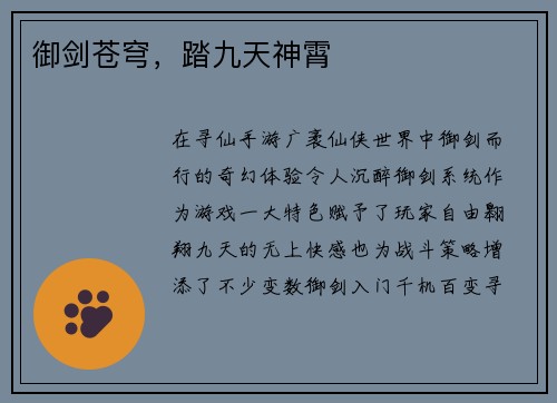御剑苍穹，踏九天神霄