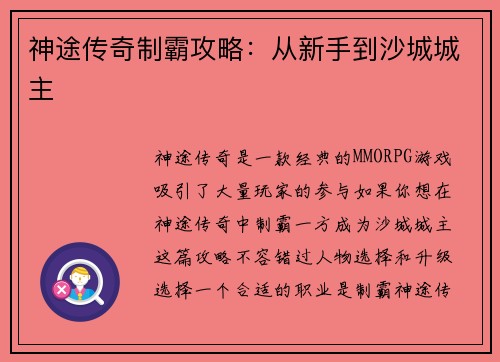 神途传奇制霸攻略：从新手到沙城城主